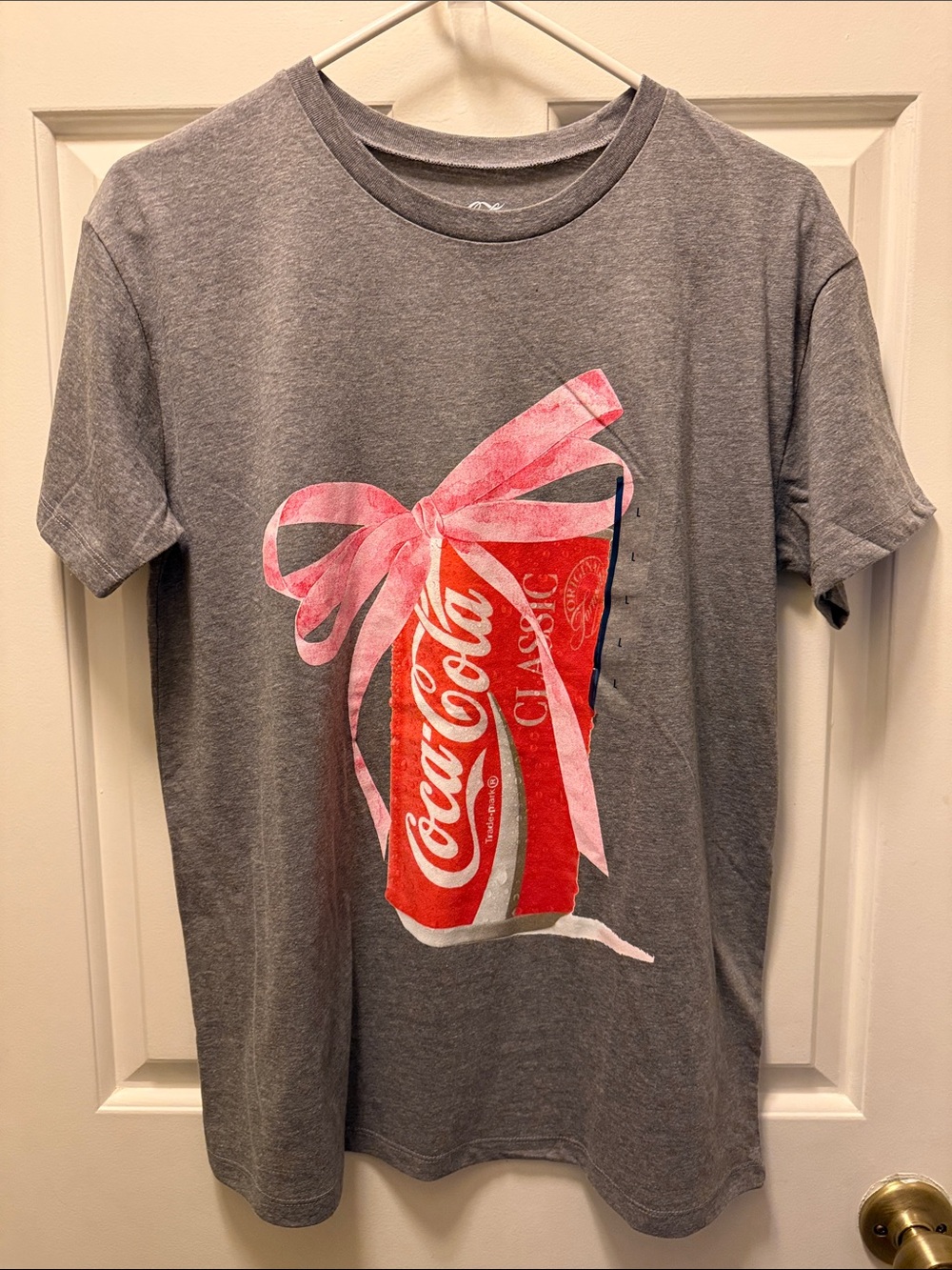 Coca-Cola Gray Tee with Red Can and Pink Bow
